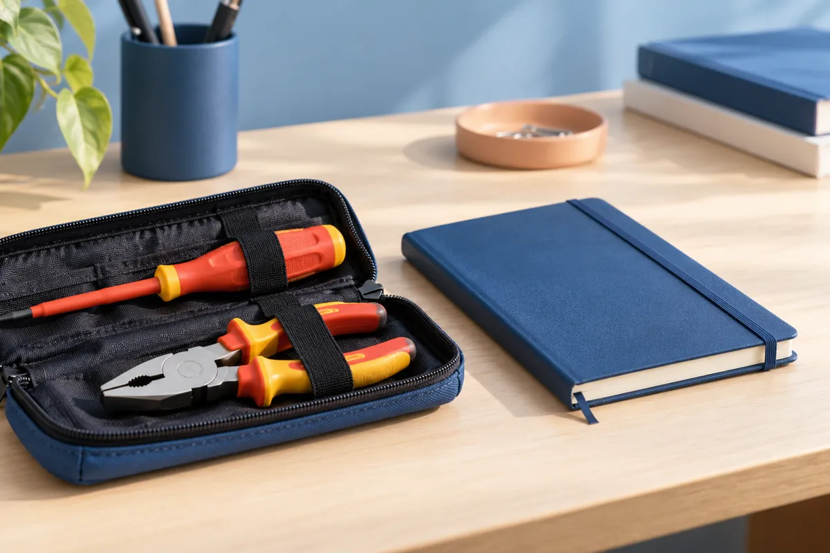 Set di cacciaviti e pinza isolati in astuccio aperto su scrivania con taccuino blu